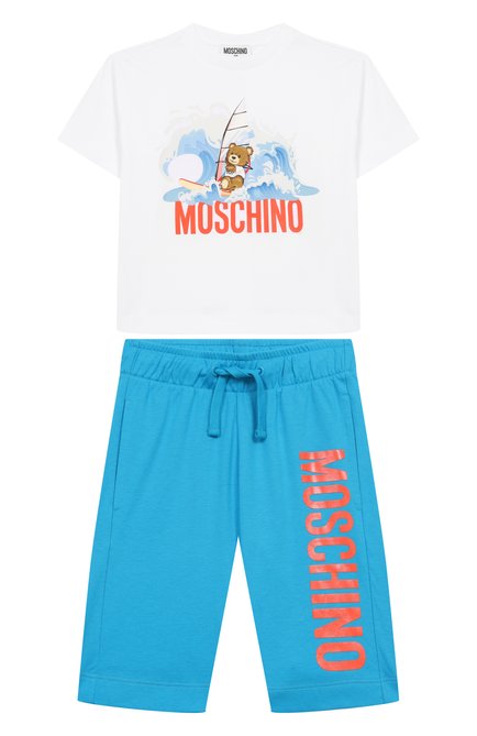 Детского комплект из футболки и шорт MOSCHINO бирюзового цвета, арт. HUG00Q/LAA42/4-8 | Фото 1 (Материал внешний: Хлопок; Рукава: Короткие; Драгоценные камни: Проставлено; Материал сплава: Проставлено)