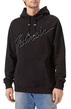 Мужской хлопковое худи BALMAIN черного цвета, арт. EH1JT047/BC86 | Фото 3 (Рукава: Длинные; Длина (для топов): Стандартные; Материал сплава: Проставлено; Драгоценные камни: Проставлено; Принт: С принтом; Мужское Кросс-КТ: Худи-одежда; Стили: Спорт-шик; Материал внешний: Хлопок)