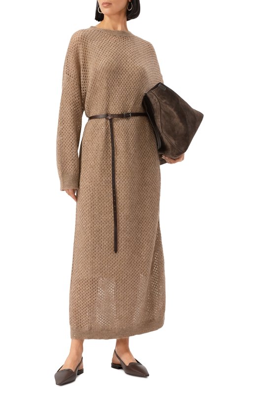 Платье из шерсти и хлопка Brunello Cucinelli MPS732A90P Бежевый  MPS732A90P Фото 2