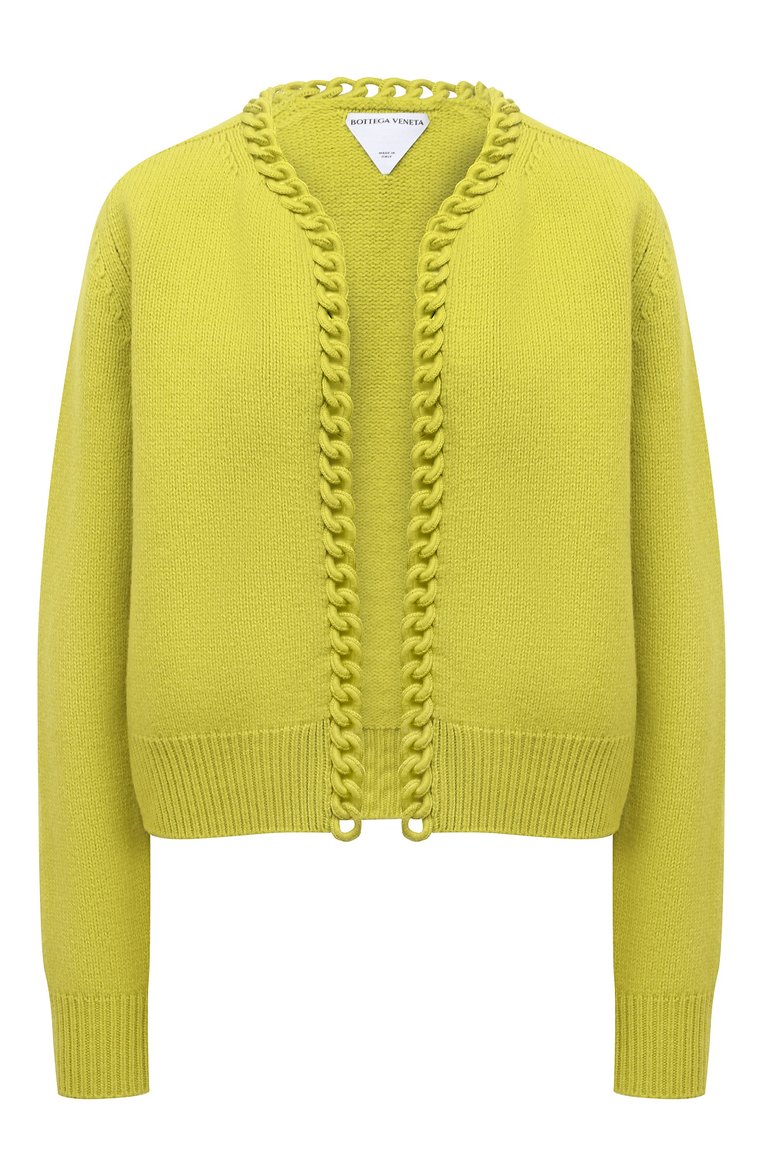 Женский шерстяной кардиган BOTTEGA VENETA салатового цвета, арт. 684465/V1MF0 | Фото 1 (Материал внешний: Шерсть; Рукава: Длинные; Длина (для топов): Стандартные; Стили: Гламурный; Женское Кросс-КТ: кардиган-трикотаж)