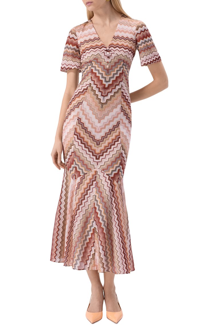 Женское платье из вискозы MISSONI бежевого цвета, арт. DS25SG1J/BR00ZV | Фото 3 (Длина Ж (юбки, платья, шорты): Миди; Материал внешний: Вискоза; Рукава: Короткие; Женское Кросс-КТ: Платье-одежда; Стили: Этно; Кросс-КТ: Трикотаж; Случай: Повседневный; Материал подклада: Синтетический материал)