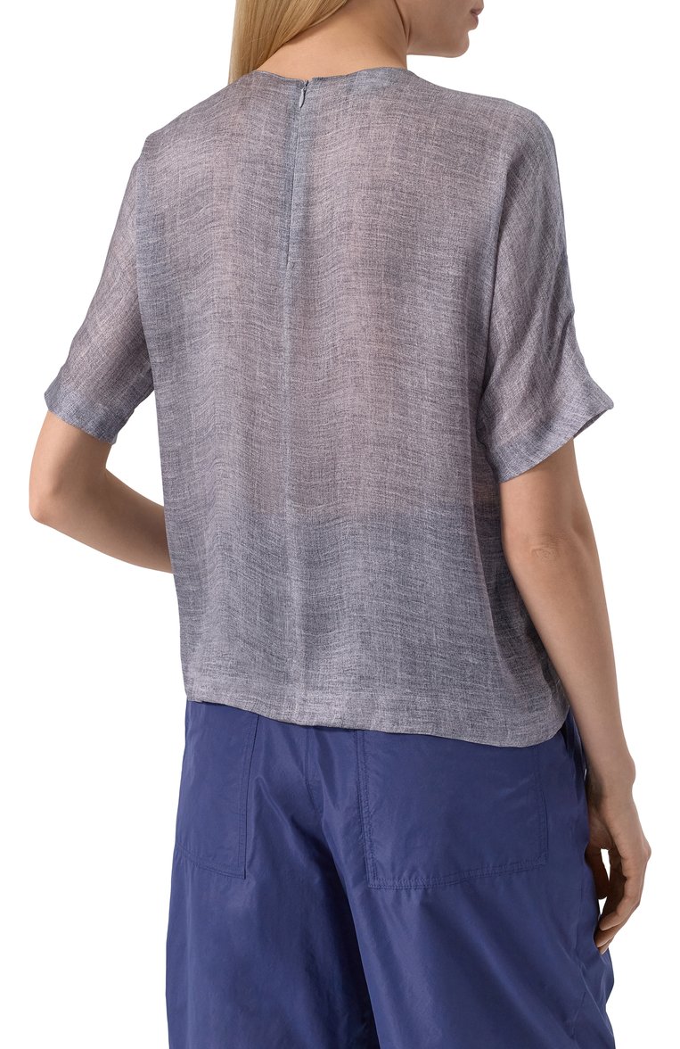 Женский шелковый топ GIORGIO ARMANI синего цвета, арт. GW000772/TE13902 | Фото 4 (Материал внешний: Шелк; Длина (для топов): Стандартные; Стили: Кэжуэл; Рукава: Короткие)