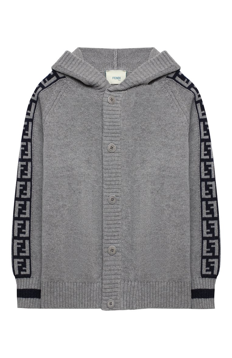 Детский кашемировый кардиган с капюшоном FENDI серого цвета, арт. JUG006/A8LH/8A-12+ | Фото 1 (Материал внешний: Шерсть, Кашемир; Рукава: Длинные; Девочки Кросс-КТ: Кардиган-одежда; Региональные ограничения белый список (Axapta Mercury): RU; Драгоценные камни: Проставлено; Материал сплава: Проставлено; Ростовка одежда: 10 - 11 лет | 140 - 146см, 12 лет | 152 см, 8 лет | 128 см)
