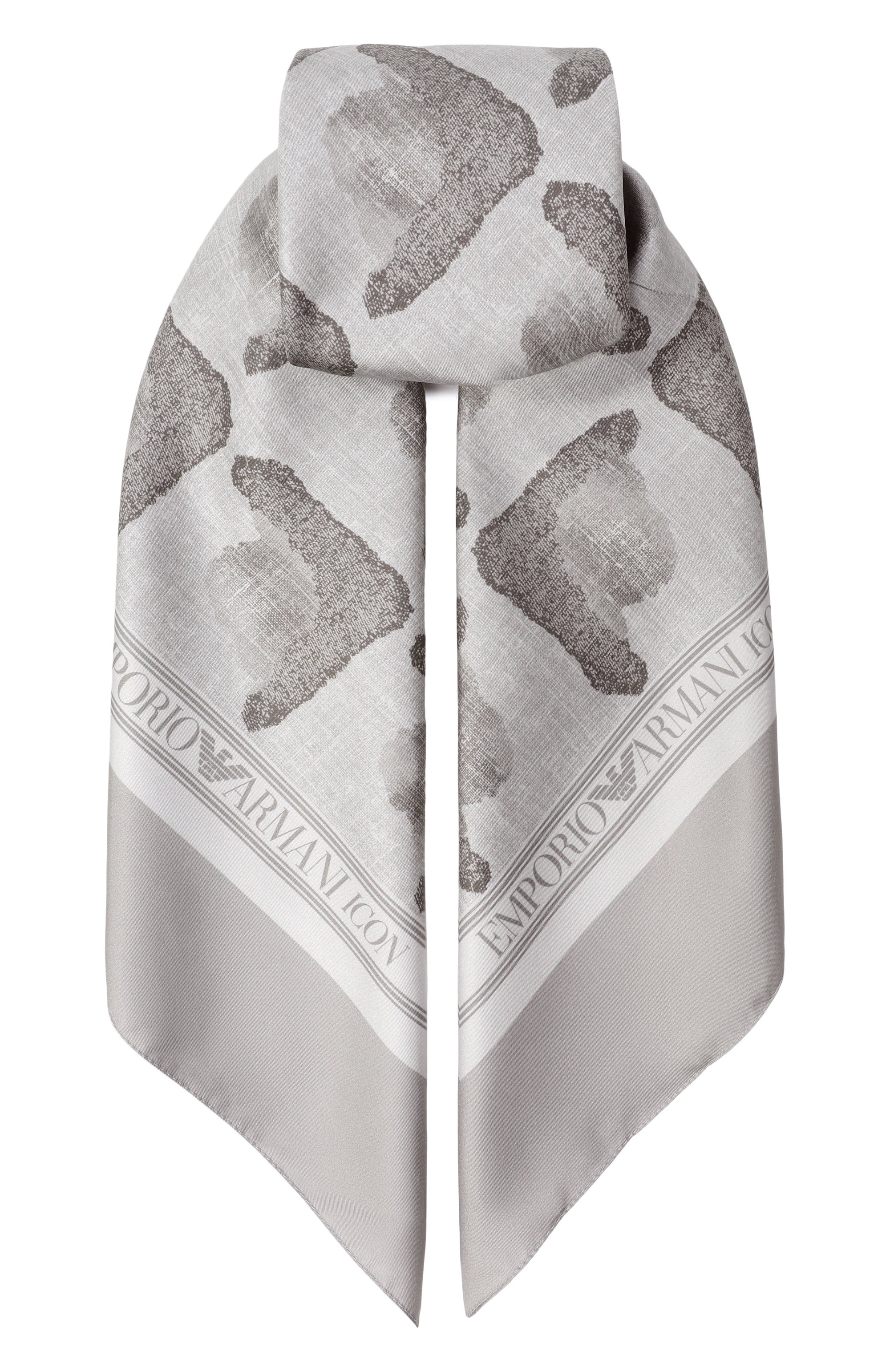 Шелковый платок EMPORIO ARMANI серого цвета по цене 27250 руб., арт. EW002440/AF18394, фото 1 Шелковый платок EMPORIO ARMANI, арт. EW002440/AF18394, фото 1