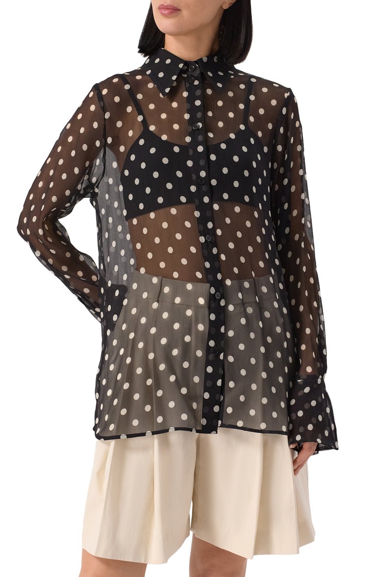 Женская шелковая блузка NINA RICCI черного цвета, арт. 25PCT0007/SE1409 | Фото 3 (Рукава: Длинные; Длина (для топов): Стандартные; Материал внешний: Шелк; Стили: Кэжуэл; Женское Кросс-КТ: Блуза-одежда; Принт: С принтом)