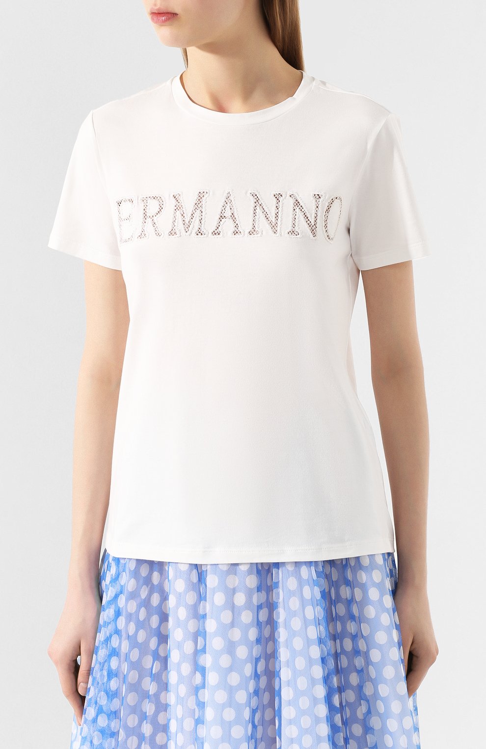 Хлопковая футболка ERMANNO ERMANNO SCERVINO белого цвета по цене 18600 руб., арт. 46T TS21 JC0, фото 3 Хлопковая футболка ERMANNO ERMANNO SCERVINO, арт. 46T TS21 JC0, фото 3