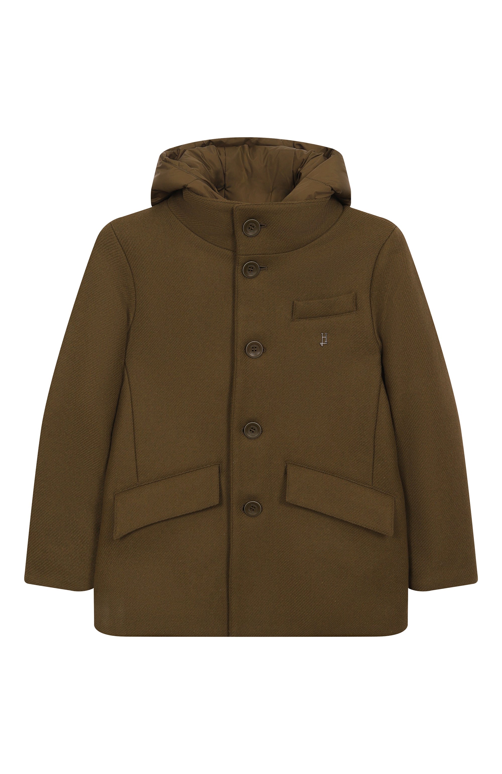 Шерстяное пальто HERNO хаки цвета по цене 57900 руб., арт. GC000028B/33344/4-8, фото 1 Шерстяное пальто HERNO, арт. GC000028B/33344/4-8, фото 1