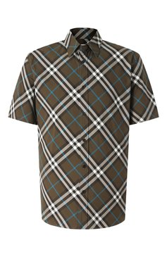 Мужская хлопковая рубашка BURBERRY хаки цвета, арт. 8099224 | Фото 1 (Рукава: Короткие; Материал сплава: Проставлено; Драгоценные камни: Проставлено; Длина (для топов): Стандартные; Воротник: Кент; Принт: Клетка; Стили: Кэжуэл; Случай: Повседневный; Материал внешний: Хлопок)
