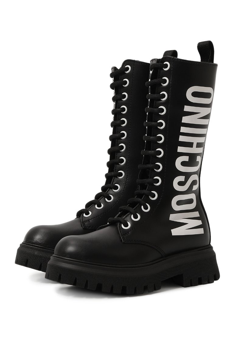 Детские кожаные ботинки MOSCHINO черного цвета, арт. 76036/28-35 | Фото 1 (Нос: Не проставлено; Материал внутренний: Текстиль; Материал внешний: Натуральная кожа; Автоматизация состава: Проставлено)