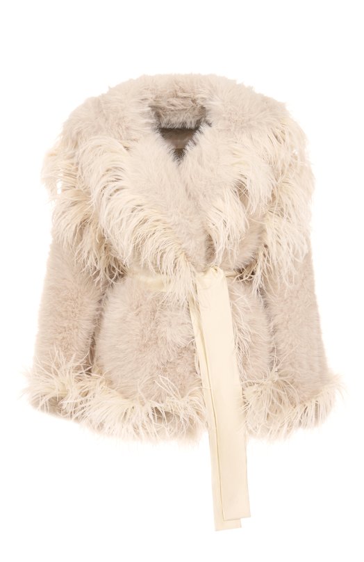 Шуба с отделкой перьями Elie Saab J0148AP25/FR001 Бежевый J0148AP25/FR001