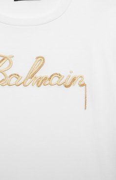 Детская хлопковая футболка BALMAIN белого цвета, арт. BU8C21 | Фото 3 (Девочки Кросс-КТ: футболка-одежда; Рукава: Короткие; Материал сплава: Проставлено; Материал внешний: Хлопок; Драгоценные камни: Проставлено; Материал подклада: Хлопок; Ростовка одежда: 6 лет | 116 см, 12 лет | 152 см, 10 - 11 лет | 140 - 146см, 8 лет | 128 см, 13 - 15 лет | 158 см, 16 лет | 164 см)