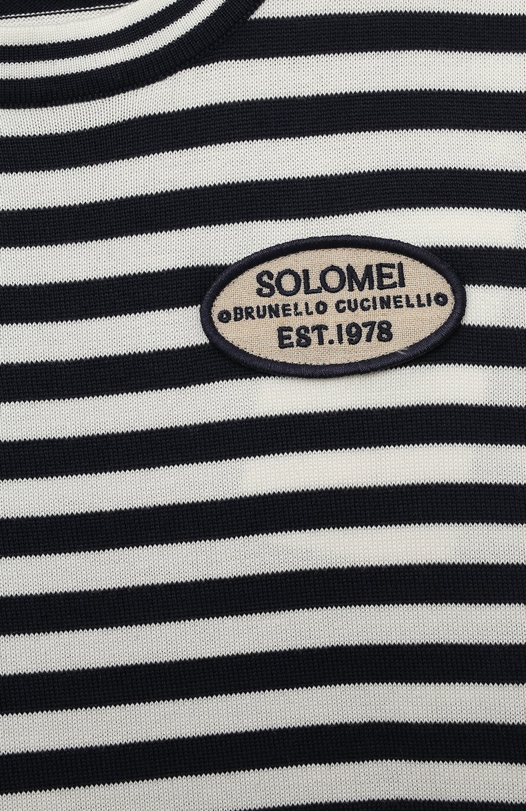 Детский хлопковый пуловер BRUNELLO CUCINELLI темно-синего цвета, арт. B29M14500B | Фото 3 (Материал внешний: Хлопок; Мальчики Кросс-КТ: Пуловер-одежда; Рукава: Длинные; Драгоценные камни: Проставлено; Материал сплава: Проставлено; Ростовка одежда: 10 - 11 лет | 140 - 146см, 8 лет | 128 см)