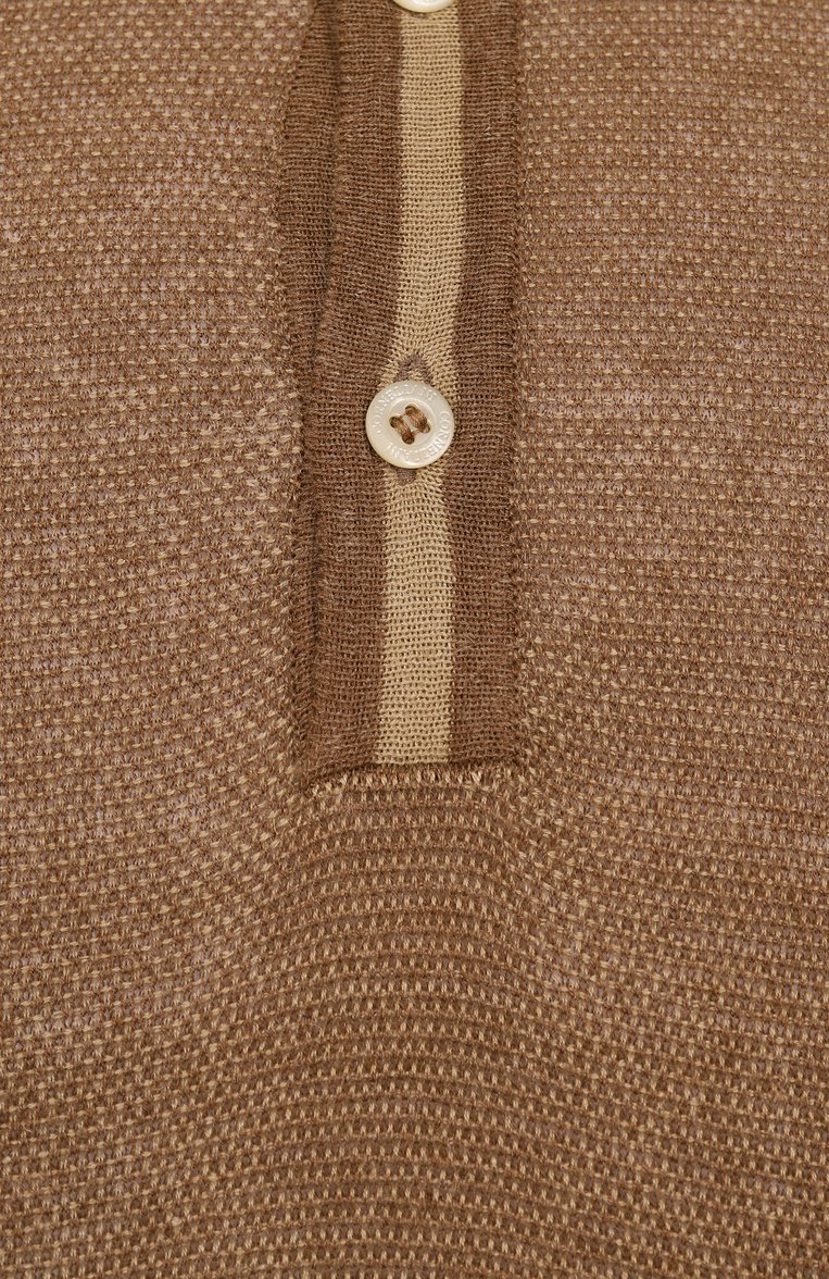 Мужское поло из шелка и льна CORNELIANI бежевого цвета, арт. 25M562-2525177 | Фото 6 (Длина (для топов): Стандартные; Материал внешний: Лен, Шелк; Рукава: Короткие; Кросс-КТ: Трикотаж; Принт: Без принта; Застежка: Пуговицы; Стили: Кэжуэл)