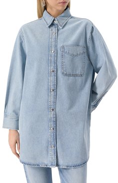 Женская джинсовая рубашка FRAME DENIM голубого цвета, арт. WP25DDR002 | Фото 3 (Рукава: Длинные; Драгоценные камни: Проставлено; Материал сплава: Проставлено; Длина (для топов): Удлиненные; Принт: Без принта; Материал внешний: Деним, Хлопок; Стили: Кэжуэл; Кросс-КТ: Деним; Женское Кросс-КТ: Рубашка-одежда)