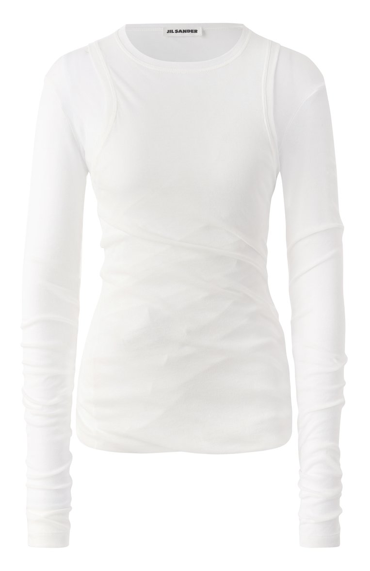 Женская хлопковый лонгслив JIL SANDER белого цвета, арт. J02NH0012/J20249 | Фото 1 (Рукава: Длинные; Длина (для топов): Стандартные; Стили: Минимализм; Принт: Без принта; Материал внешний: Хлопок)