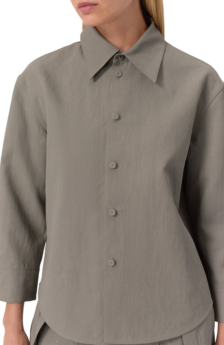Женская льняная рубашка JIL SANDER серого цвета, арт. J02DL0205/J60001 | Фото 5 (Длина (для топов): Стандартные; Рукава: Длинные; Материал внешний: Лен; Принт: Без принта; Женское Кросс-КТ: Рубашка-одежда; Стили: Минимализм; Автоматизация состава: Проставлено; Автоматизация ТО: Проставлено)
