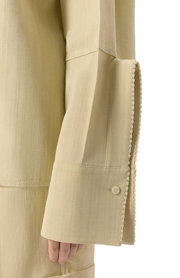Женская рубашка из вискозы и шелка JIL SANDER зеленого цвета, арт. J02DL0231-J65005 | Фото 5 (Автоматизация состава: Проставлено; Материал внешний: Шелк, Вискоза; Рукава: Длинные; Длина (для топов): Стандартные; Автоматизация ТО: Проставлено; Кросс-КТ: костюм; Женское Кросс-КТ: Рубашка-одежда; Принт: Без принта; Стили: Классический; Детали: Декор)
