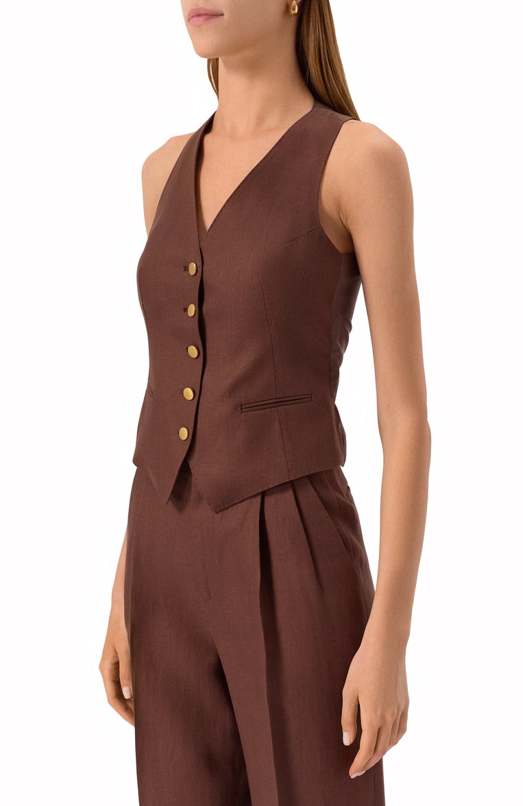 Женский льняной жилет TAGLIATORE 0205 коричневого цвета, арт. GISELLE/340021 | Фото 3 (Длина (верхняя одежда): Короткие; Материал внешний: Лен; Кросс-КТ: костюм; Стили: Кэжуэл; Женское Кросс-КТ: Жилет-одежда)