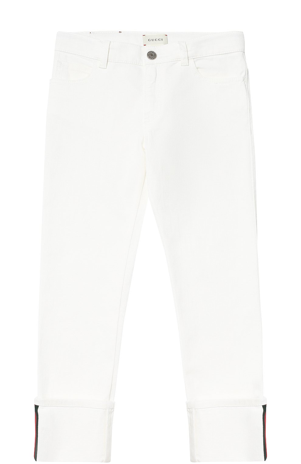 Джинсы из эластичного хлопка с лампасами GUCCI белого цвета по цене 29500 руб., арт. 453309/XR509, фото 1 Джинсы из эластичного хлопка с лампасами GUCCI, арт. 453309/XR509, фото 1
