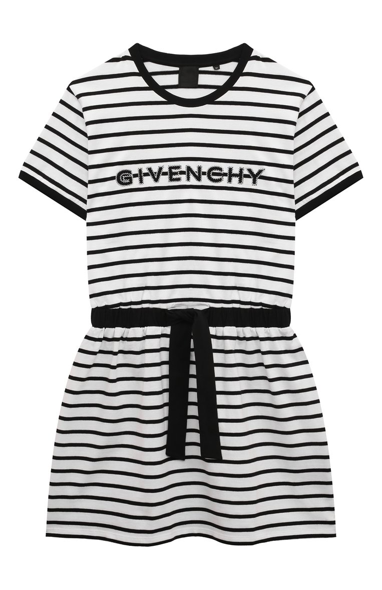 Детское хлопковое платье GIVENCHY черно-белого цвета, арт. H30043/12+/14 | Фото 1 (Материал внешний: Хлопок; Рукава: Короткие; Случай: Повседневный; Девочки Кросс-КТ: Платье-одежда; Ростовка одежда: 13 - 15 лет | 158 см)