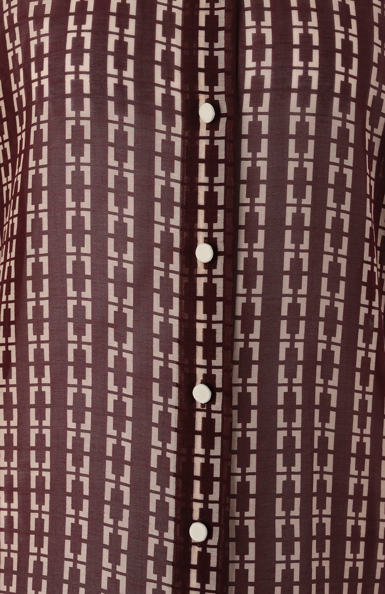 Женск�ая шелковая рубашка FORTE_FORTE бордового цвета, арт. 13629_MY SHIRT | Фото 6 (Длина (для топов): Удлиненные; Материал сплава: Проставлено; Драгоценные камни: Проставлено; Рукава: Длинные; Принт: С принтом; Кросс-КТ: костюм; Женское Кросс-КТ: Рубашка-одежда; Стили: Романтичный; Материал внешний: Шелк)