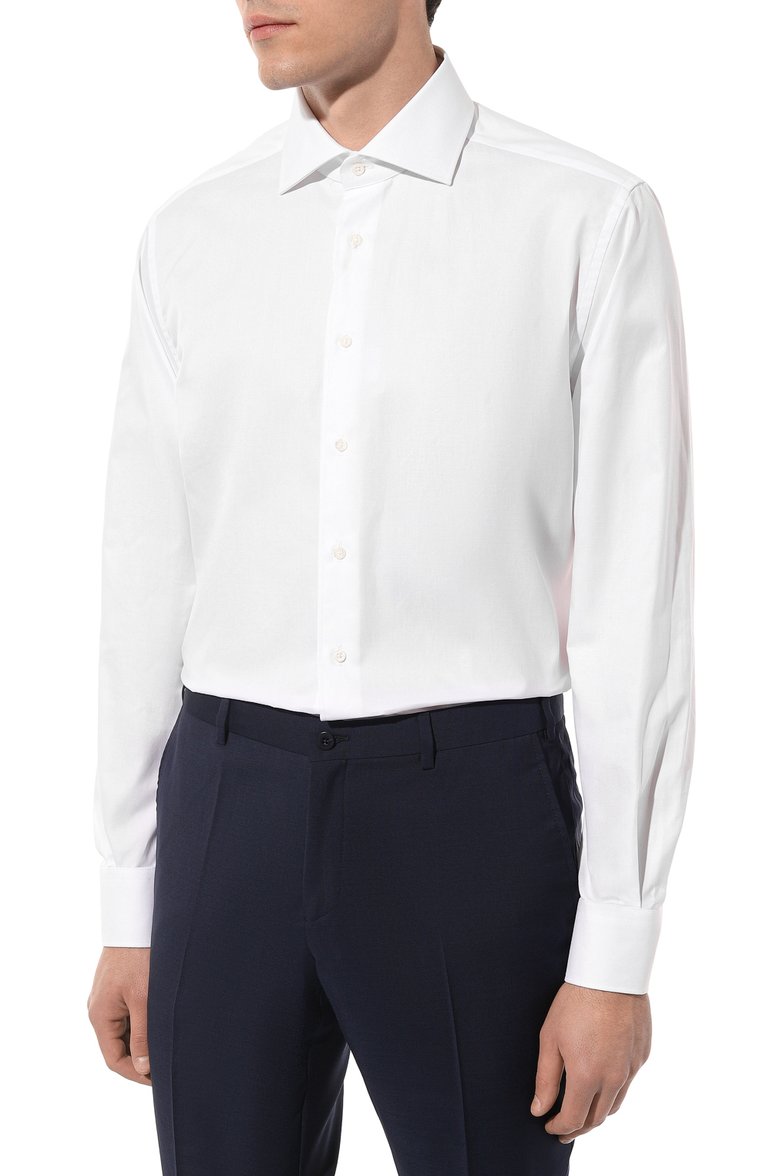 Мужская хлопковая сорочка CORNELIANI белого цвета, арт. 92P100-3811700 | Фото 4 (Материал внешний: Хлопок; Рукава: Длинные; Длина (для топов): Стандартные; Манжеты: На пуговицах; Воротник: Акула; Случай: Формальный; Рубашки М: Regular Fit; Принт: Однотонные; Стили: Классический; Автоматизация ТО: Проставлено; Детали: Без декора; Автоматизация состава: Проставлено)