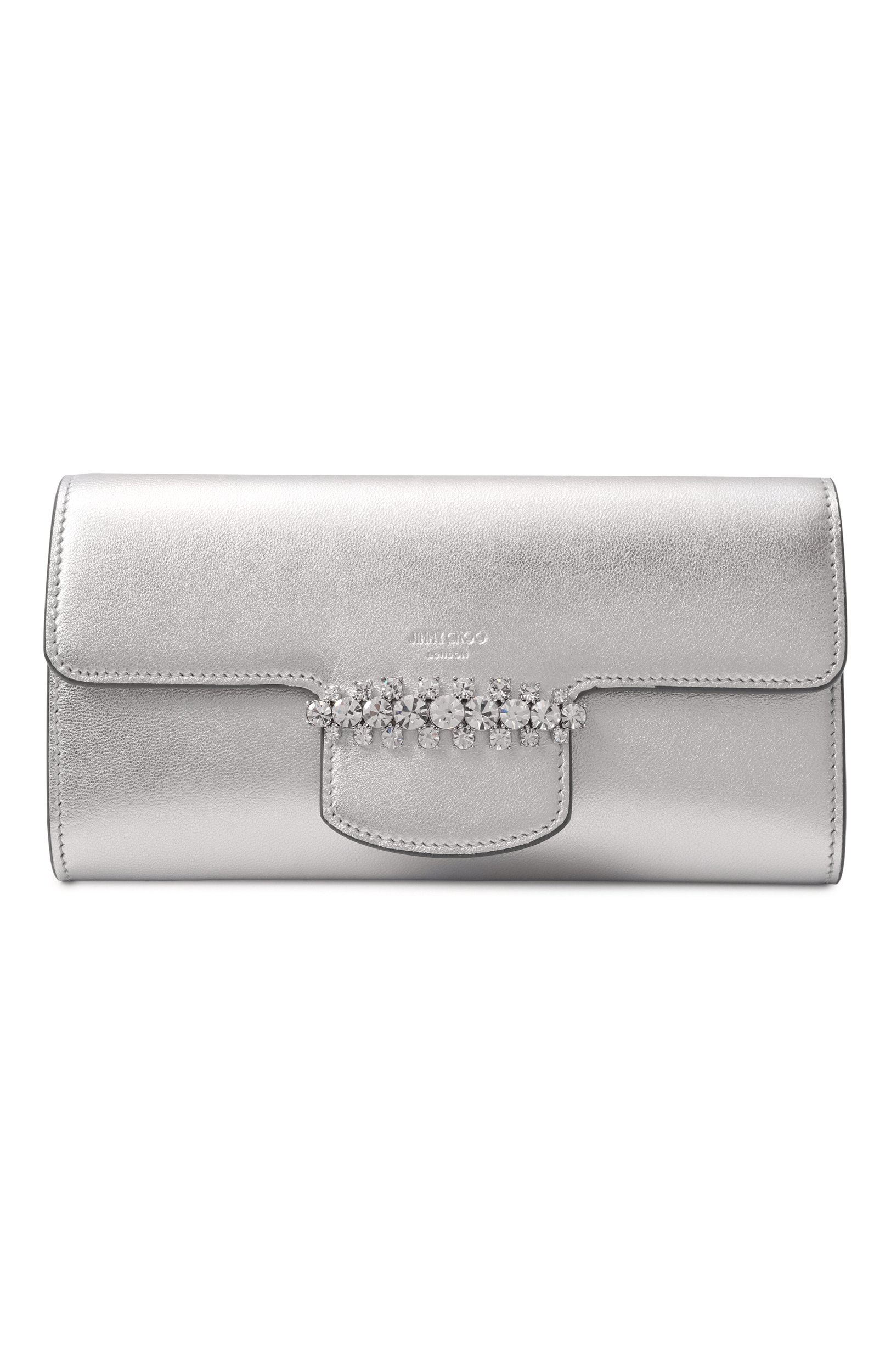 Кожаный клатч bing JIMMY CHOO серебряного цвета по цене 127500 руб., арт. BINGWALCHAINAZJ, фото 1 Кожаный клатч bing JIMMY CHOO, арт. BINGWALCHAINAZJ, фото 1