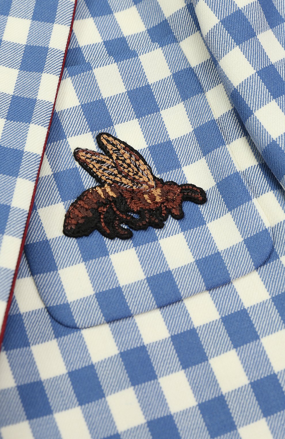 Шерстяной однобортный пиджак в клетку с нашивкой и контрастной отделкой GUCCI синего цвета по цене 49950 руб., арт. 452271/XBA12, фото 3 Шерстяной однобортный пиджак в клетку с нашивкой и контрастной отделкой GUCCI, арт. 452271/XBA12, фото 3