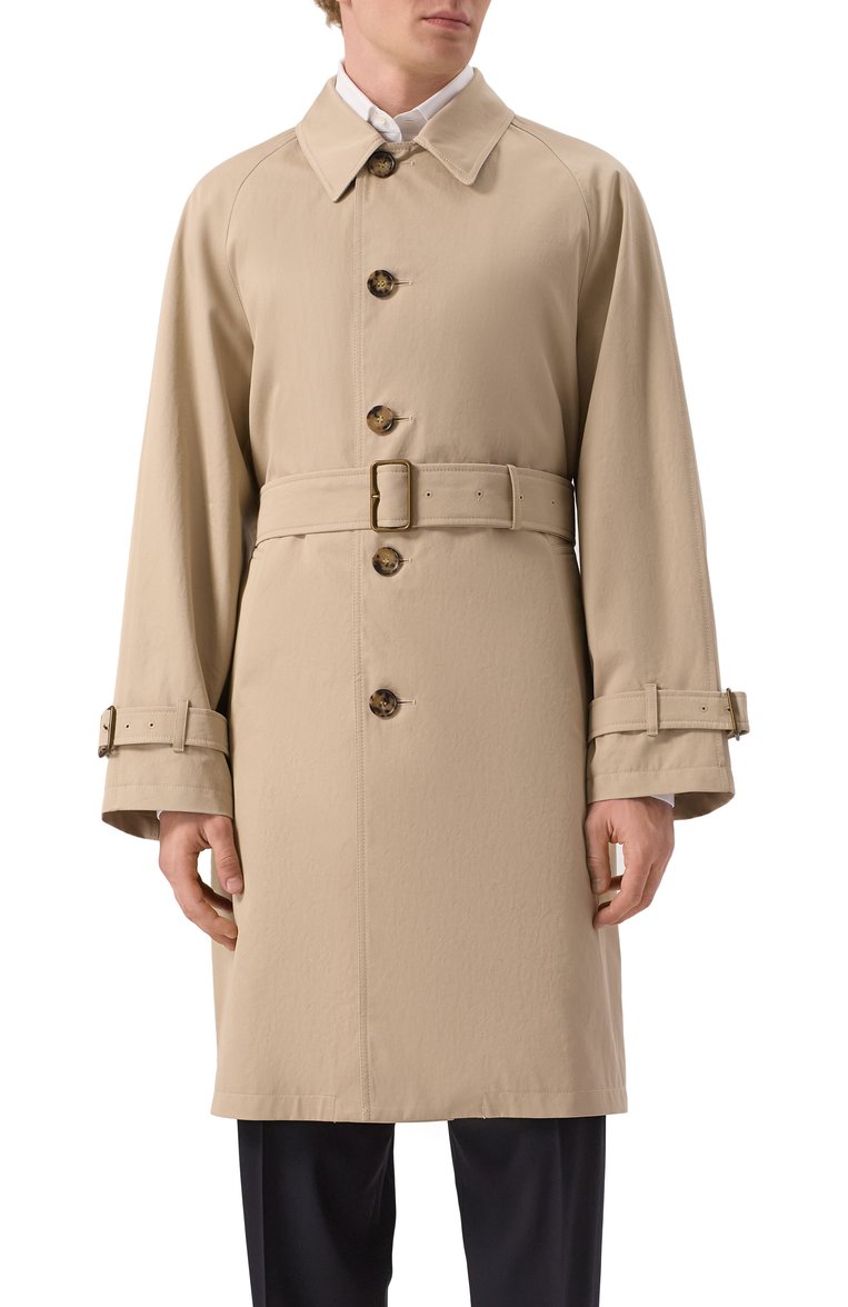 Мужской хлопковый плащ BURBERRY бежевого цвета, арт. 8108800 | Фото 3 (Материал внешний: Хлопок; Рукава: Длинные; Длина (верхняя одежда): До колена; Мужское Кросс-КТ: Плащ-верхняя одежда; Стили: Кэжуэл)