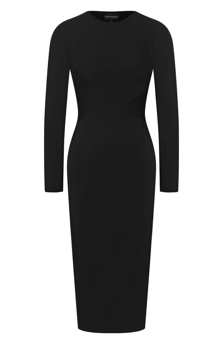 Женское пла�тье из вискозы EMPORIO ARMANI черного цвета, арт. 6H2AW1/2M4BZ | Фото 1 (Рукава: Длинные; Длина Ж (юбки, платья, шорты): Миди; Кросс-КТ: Трикотаж; Женское Кросс-КТ: Платье-одежда, платье-футляр; Случай: Повседневный; Стили: Гламурный; Материал внешний: Вискоза; Региональные ограничения белый список (Axapta Mercury): Не проставлено)