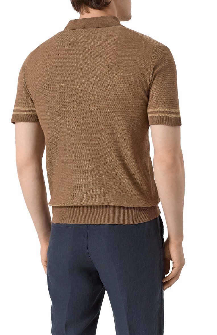 Мужское поло из шелка и льна CORNELIANI бежевого цвета, арт. 25M562-2525177 | Фото 4 (Длина (для топов): Стандартные; Материал внешний: Лен, Шелк; Рукава: Короткие; Кросс-КТ: Трикотаж; Принт: Без принта; Застежка: Пуговицы; Стили: Кэжуэл)