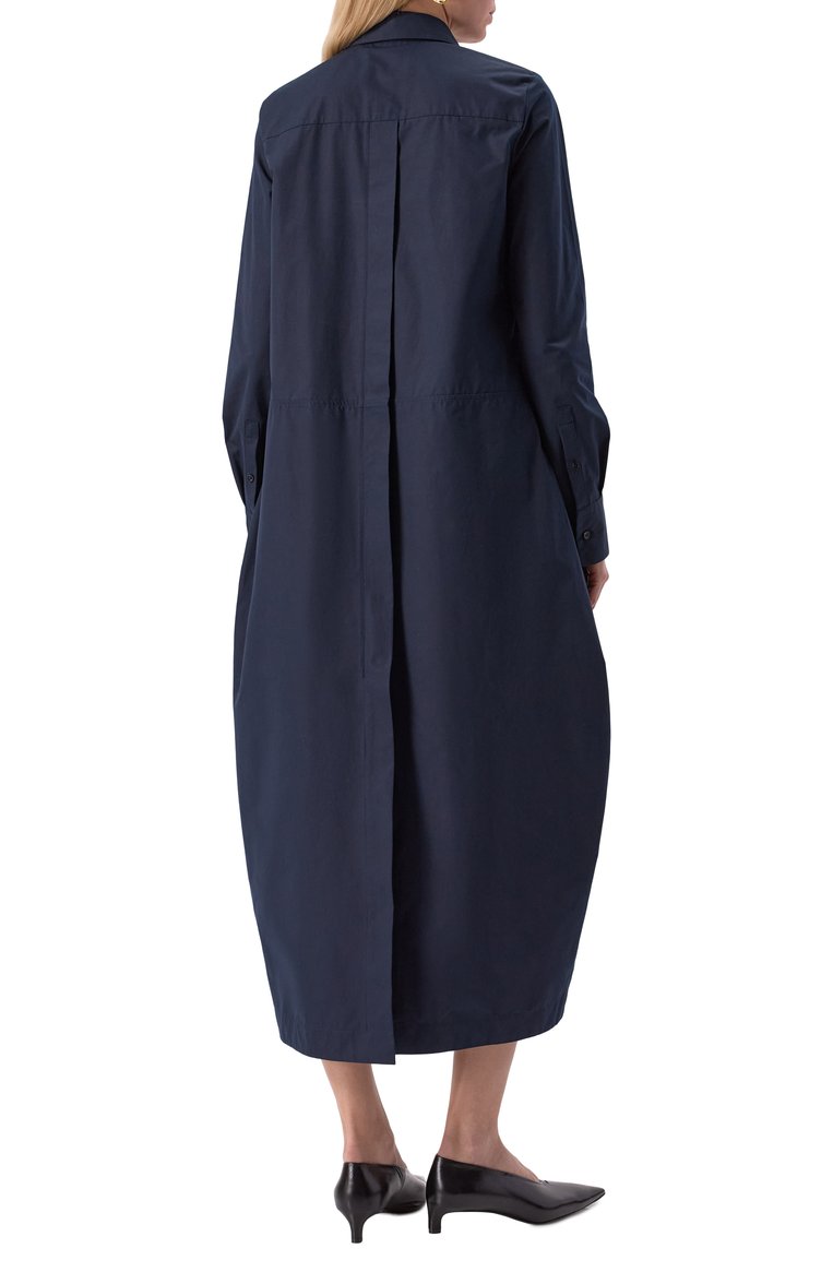 Женское хлопковое платье JIL SANDER темно-синего цвета, арт. J04CT0005-J45002 | Фото 4 (Драгоценные камни: Проставлено; Материал сплава: Проставлено; Длина Ж (юбки, платья, шорты): Миди; Рукава: Длинные; Стили: Минимализм; Случай: Повседневный; Женское Кросс-КТ: Платье-одежда; Материал внешний: Хлопок)