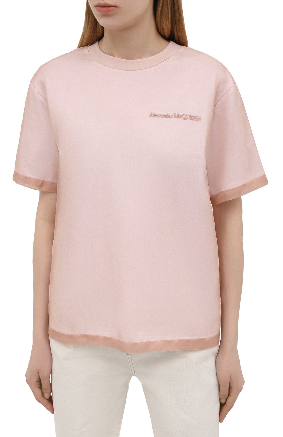 Шелковая футболка ALEXANDER MCQUEEN светло-розового цвета по цене 46850 руб., арт. 654002/QLAAA, фото 3 Шелковая футболка ALEXANDER MCQUEEN, арт. 654002/QLAAA, фото 3