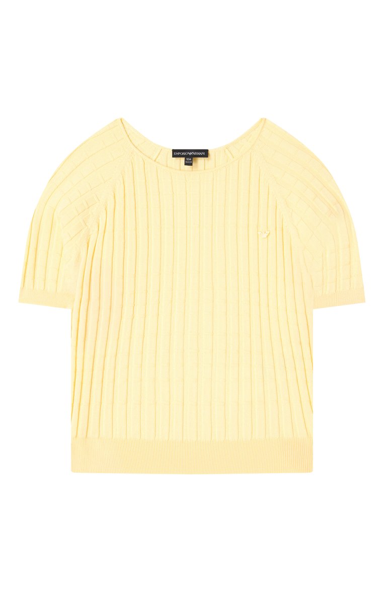 Детский пуловер EMPORIO ARMANI желтого цвета, арт. EG000177/AF14110 | Фото 1 (Рукава: Короткие; Материал внешний: Вискоза, Синтетический материал; Девочки Кросс-КТ: Пуловер-одежда; Ростовка одежда: 10 - 11 лет | 140 - 146см, 16 лет | 164 см, 13 - 15 лет | 158 см)