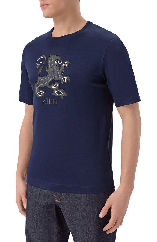 Хлопковая футболка с отделкой из кожи аллигатора Zilli TSR02AM0143VBLE01 Синий  TSR02AM0143VBLE01 Фото 3