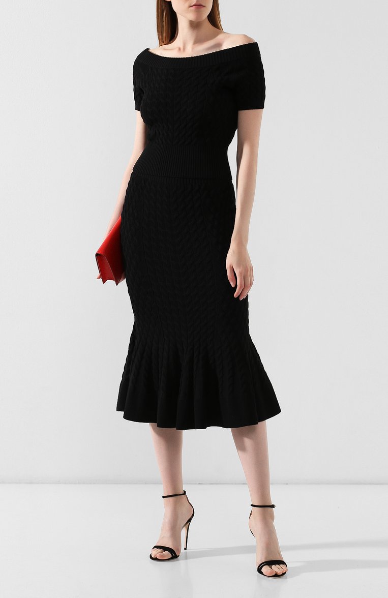 Женская шерстяная юбка ALEXANDER MCQUEEN черного цвета, арт. 585181/Q1AB2 | Фото 2 (Материал внешний: Шерсть; Длина Ж (юбки, платья, шорты): Миди; Статус проверки: Проверена категория; Женское Кросс-КТ: Юбка-одежда; Материал сплава: Проставлено; Ювелирные украшения: Назначено; Драгоценные камни: Проставлено)