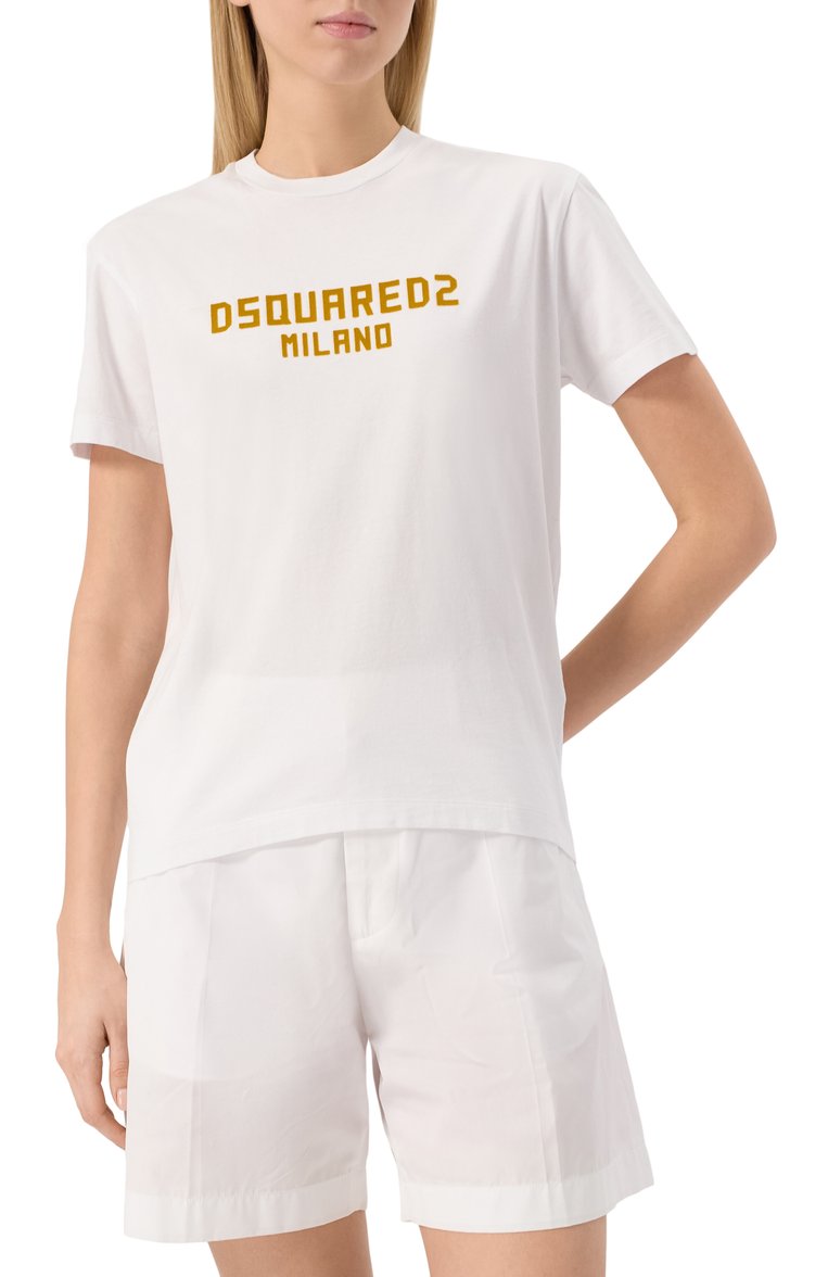 Женская хлопковая футболка DSQUARED2 белого цвета, арт. S75GD0471/D20020 | Фото 3 (Рукава: Короткие; Длина (для топов): Стандартные; Материал внешний: Хлопок; Женское Кросс-КТ: Футболка-одежда; Стили: Кэжуэл; Принт: С принтом)