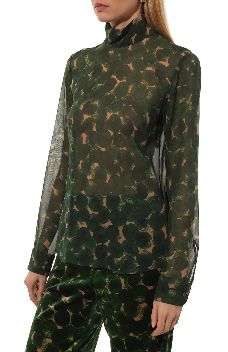 Женская шелковая блузка DRIES VAN NOTEN зеленого цвета, арт. 242-010703-9174 | Фото 3 (Рукава: Длинн�ые; Драгоценные камни: Проставлено; Материал внешний: Шелк; Длина (для топов): Стандартные; Материал сплава: Проставлено; Принт: С принтом; Кросс-КТ: костюм; Женское Кросс-КТ: Блуза-одежда; Стили: Минимализм)