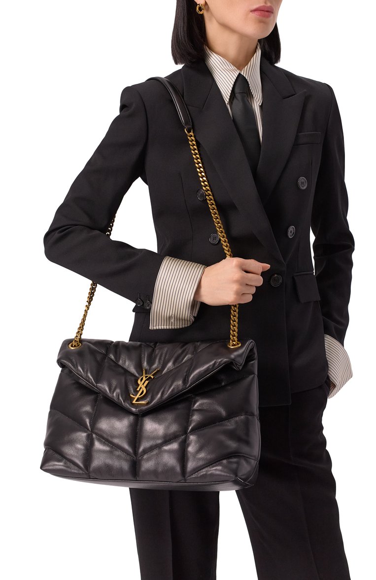 Женская сумка puffer medium SAINT LAURENT черного цвета, арт. 577475/1EL07 | Фото 2 (Размер: medium; Драгоценные камни: Проставлено; Ремень/цепочка: На ремешке; Материал: Натуральная кожа; Материал сплава: Проставлено)