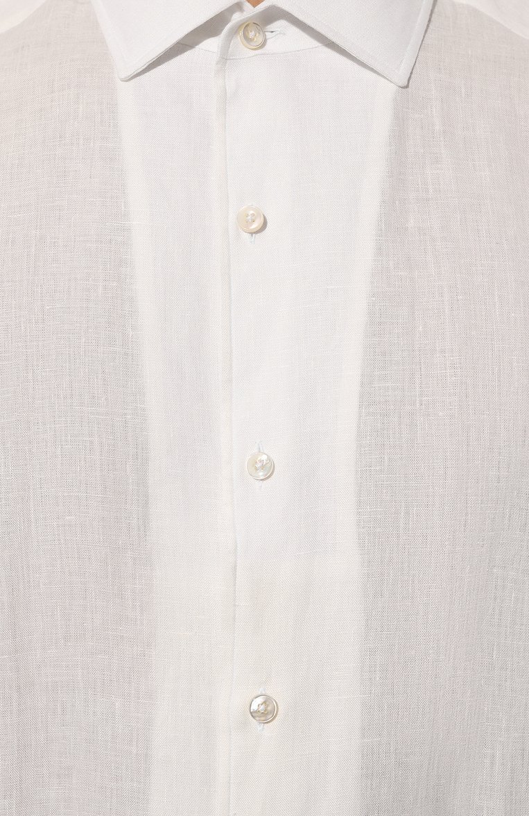 Мужская льняная рубашка ZEGNA белого цвета, арт. UBX30A5/SR03802 | Фото 5 (Длина (для топов): Стандартные; Материал внешний: Лен; Рукава: Длинные; Стили: Кэжуэл; Принт: Однотонные; Случай: Повседневный; Манжеты: На пуговицах; Воротник: Акула; Автоматизация ТО: Проставлено; Автоматизация состава: Проставлено; Детали: Без декора)