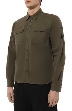 Мужская хлопковая рубашка C.P. COMPANY хаки цвета, арт. 16CMSH157A002824G | Фото 3 (Рукава: Длинные; Материал внешний: Хлопок; Материал сплава: Проставлено; Драгоценные камни: Проставлено; Длина (для топов): Стандартные; Случай: Повседневный; Стили: Милитари; Манжеты: На пуговицах; Воротник: Акула; Принт: Однотонные)