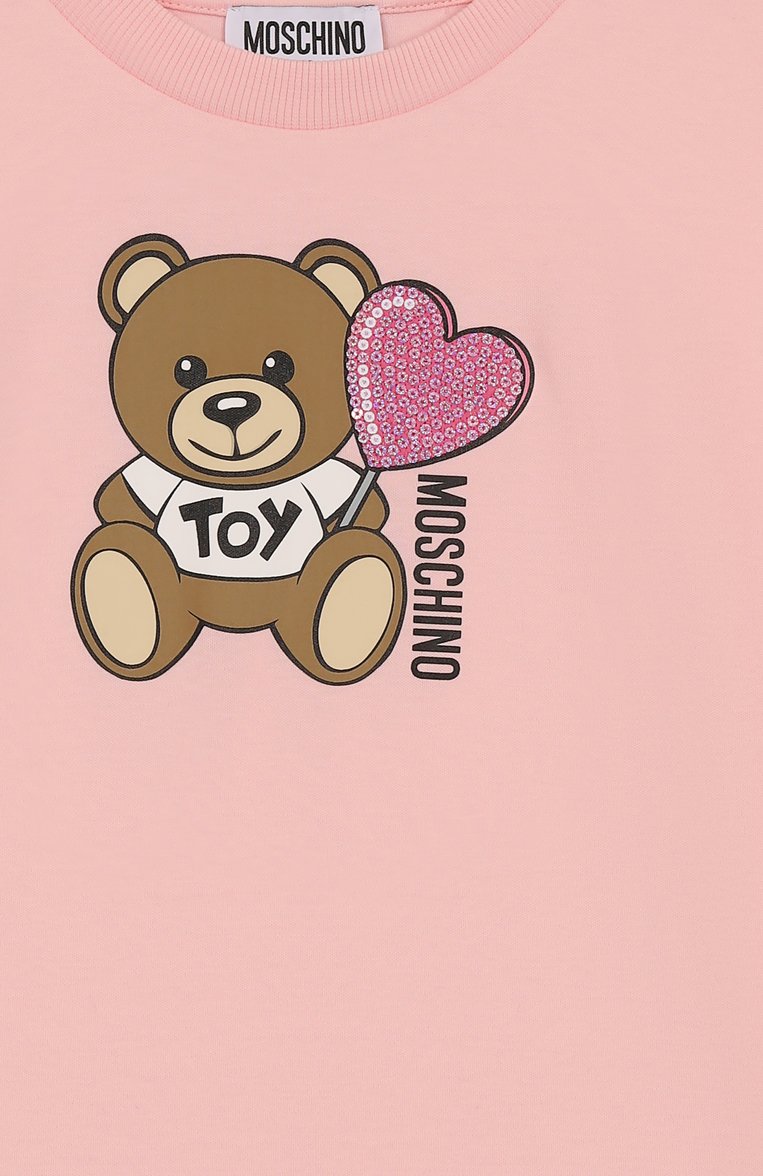 Детское хлопковое платье MOSCHINO светло-розового цвета, арт. HDV0G9/LAA40/4-8 | Фото 3 (Рукава: Короткие; Материал внешний: Хлопок; Девочки Кросс-КТ: Платье-одежда; Случай: Повседневный; Автоматизация состава: Проставлено; Автоматизация ТО: Проставлено; Тематический товар: Teddy Bear; Ростовка одежда: 5 лет | 110 см, 6 лет | 116 см, 8 лет | 128 см, 4 года | 104 см)