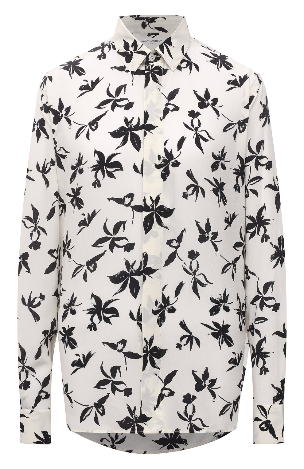 Шелковая рубашка SAINT LAURENT черно-белого цвета по цене 96050 руб., арт. 646850/Y2C16, фото 1 Шелковая рубашка SAINT LAURENT, арт. 646850/Y2C16, фото 1