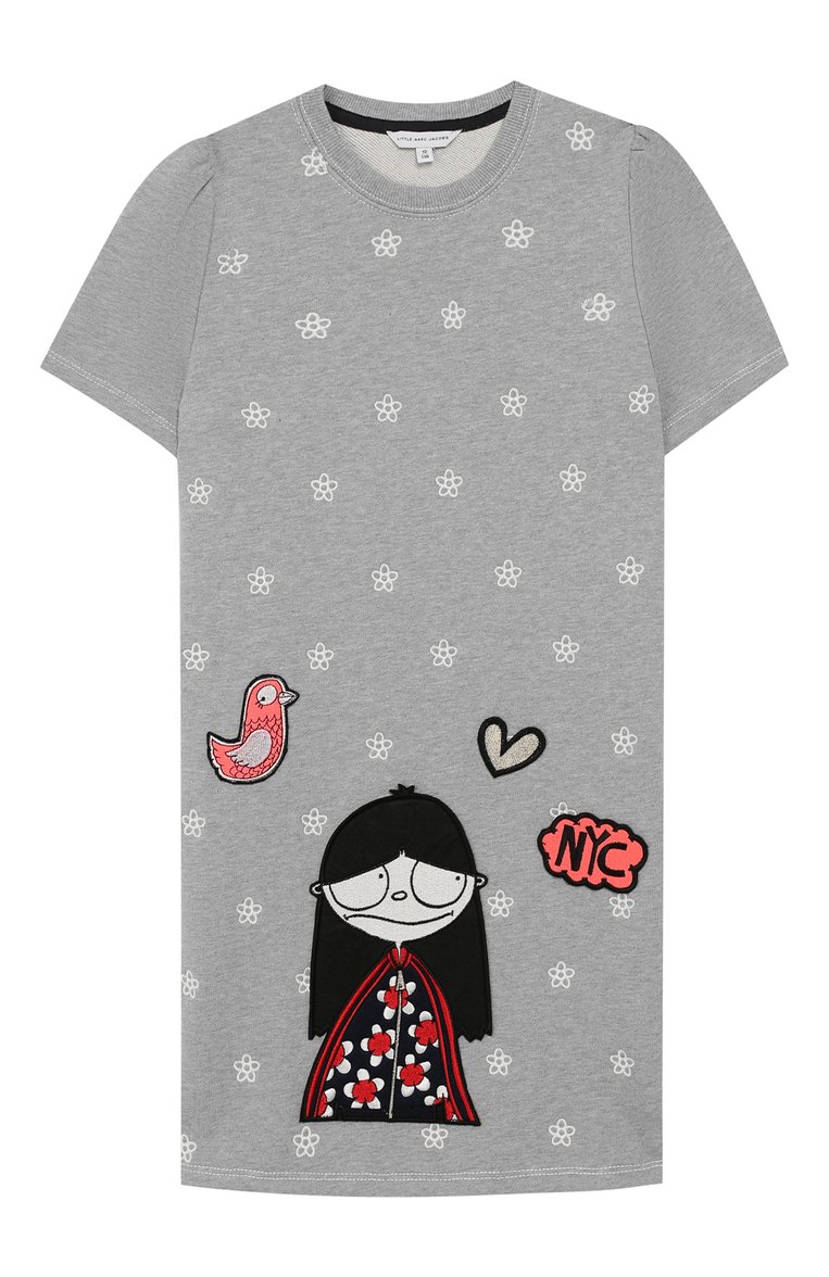 Детское хлопковое платье MARC JACOBS (THE) серого цвета, арт. W12275/6A-12A | Фото 1 (Рукава: Короткие; Материал внешний: Хлопок; Случай: Повседневный; Статус проверки: Проверена категория; Девочки Кросс-КТ: Платье-одежда; Ростовка одежда: 9 лет | 134 см, 12 лет | 152 см)