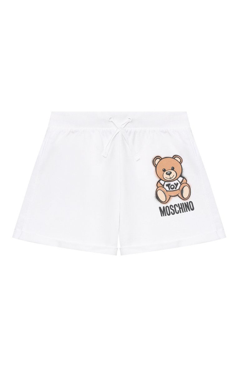 Детские хлопковые шорты MOSCHINO белого цвета, арт. HDQ007/LDA13/4A-8A | Фото 1 (Материал внешний: Хлопок; Девочки Кросс-КТ: Шорты-одежда; Региональные ограничения белый список (Axapta Mercury): RU, Не проставлено; Случай: Повседневный; Нос: Не проставлено; Ростовка одежда: 4 года | 104 см, 5 лет | 110 см, 6 лет | 116 см, 8 лет | 128 см)