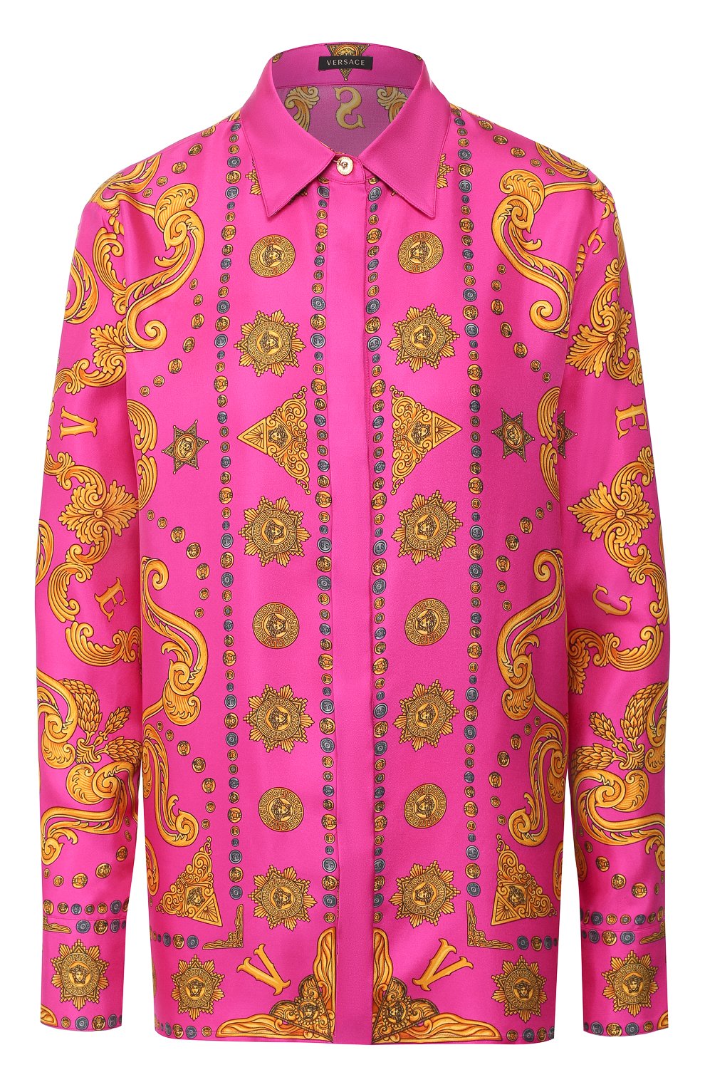 Шелковая рубашка VERSACE фуксия цвета по цене 108000 руб., арт. A82662/A232646, фото 1 Шелковая рубашка VERSACE, арт. A82662/A232646, фото 1