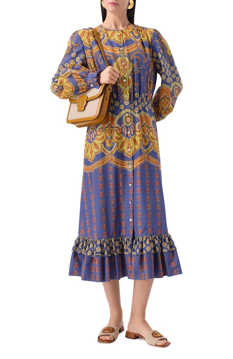 Женское хлопковое платье VALENTINO синего цвета, арт. 6B3VAF0297D | Фото 2 (Длина Ж (юбки, платья, шорты): Миди; Рукава: Длинные; Материал внешний: Хлопок; Стили: Этно; Женское Кросс-КТ: Платье-одежда; Случай: Повседневный; Автоматизация состава: Проставлено; Автоматизация ТО: Проставлено)