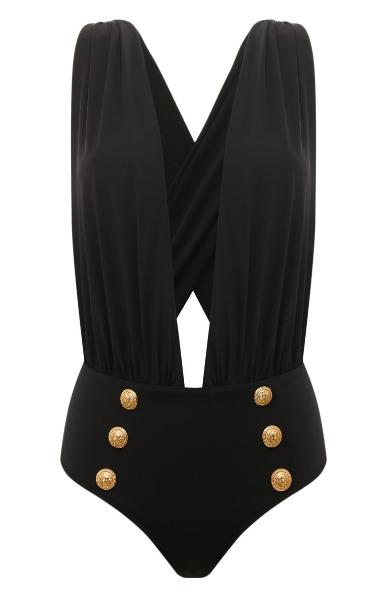 Женский слитный купальник BALMAIN черного цвета, арт. BKBUB1380 | Фото 1 (Длина Ж (юбки, платья, шорты): Мини; Женское Кросс-КТ: Слитные купальники; Материал внешний: Синтетический материал)