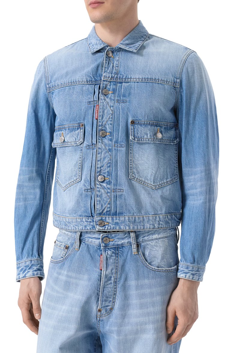 Мужская джинсовая куртка DSQUARED2 синего цвета, арт. S71AN0607/S30309 | Фото 3 (Длина (верхняя одежда): Короткие; Материал внешний: Хлопок, Деним; Рукава: Длинные; Кросс-КТ: Деним, Легкие; Стили: Кэжуэл)