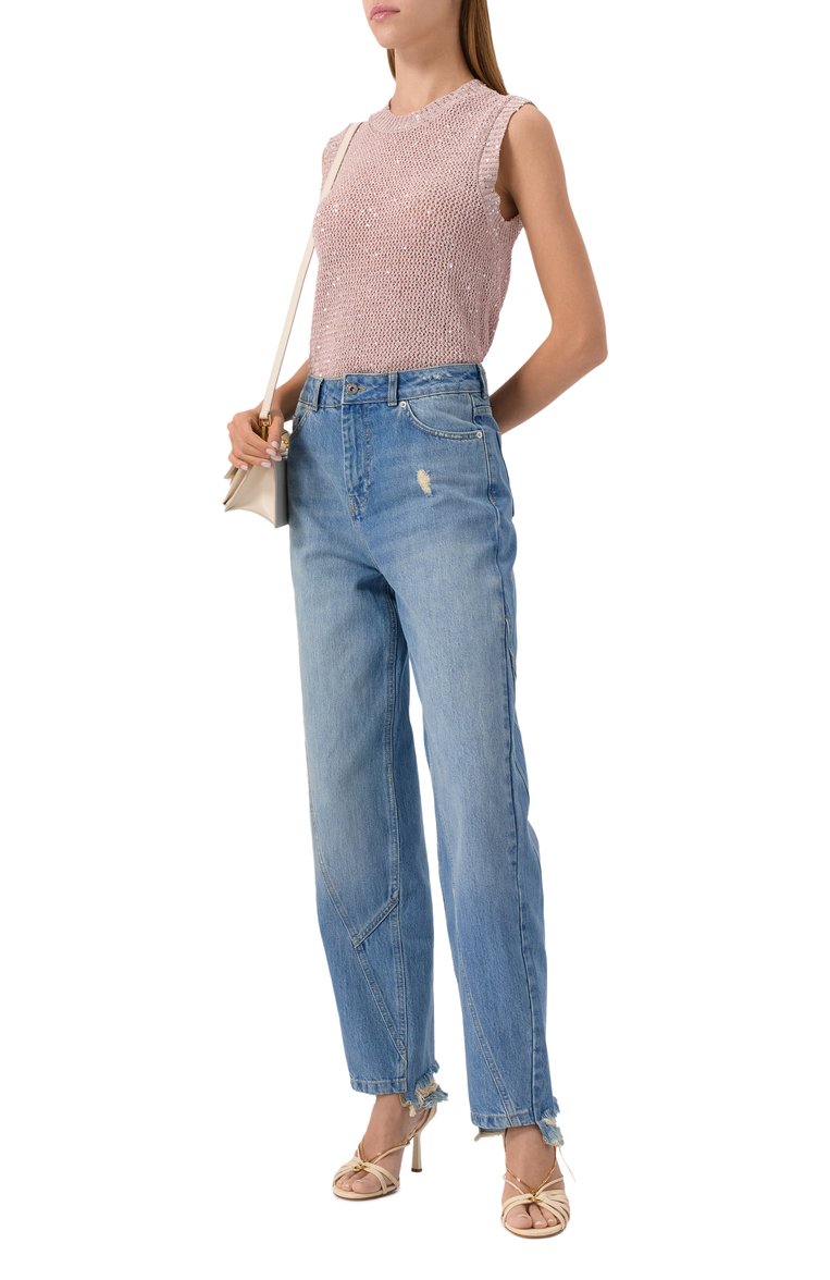 Женский топ с отделкой пай�етками GOLDEN GOOSE DELUXE BRAND светло-розового цвета, арт. GWP01922.P001691 | Фото 2 (Материал внешний: Синтетический материал; Длина (для топов): Стандартные; Кросс-КТ: Трикотаж; Рукава: Без рукавов; Стили: Гламурный)